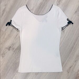 White House Black Market White Sweater Blouse | Short Sleeve Bow Accent Knit Top